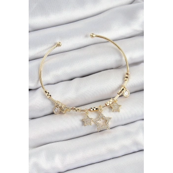 Pirinç Zirkon Taşlı Yıldız Model Gold Renk Charm Bileklik
