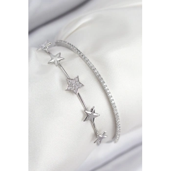 Pirinç Zirkon Taşlı Yıldız Model Gümüş Renk Kadın Bileklik
