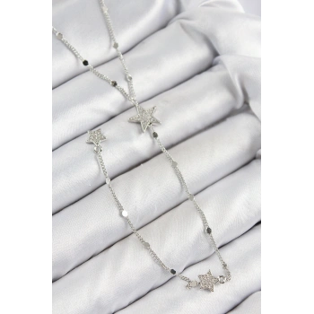 Pirinç Zirkon Taşlı Yıldız Model Gümüş Renk Y Kolye