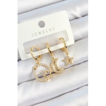 Pirinç Zirkon Taşlı Yıldız Ve Ay Model Gold Renk 3lü Kadın Küpe Set