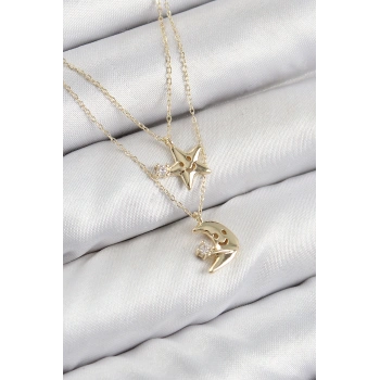 Pirinç Zirkon Taşlı Yıldız Ve Ay Model Gold Renk Kadın Kolye