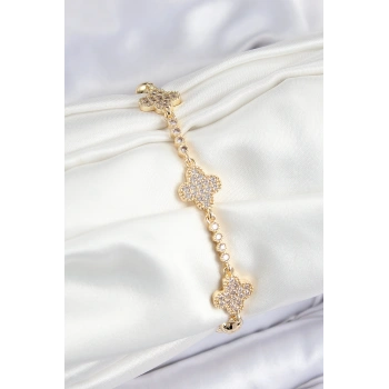 Pirinç Zirkon Taşlı Yonca Model Gold Renk Kadın Bileklik