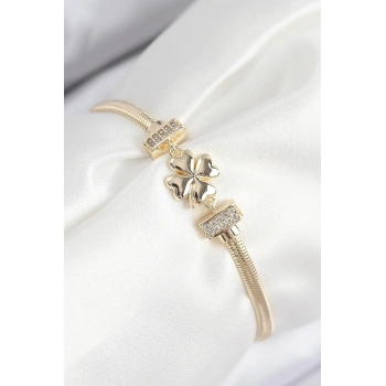 Pirinç Zirkon Taşlı Yonca Model Gold Renk Kadın Bileklik