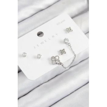 Pirinç Zirkon Taşlı Yonca Model Gümüş Renk 925 Ayar Gümüş Çivi Kadın Küpe Set