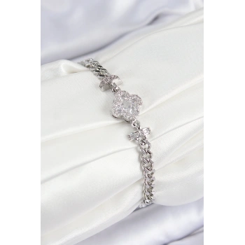 Pirinç Zirkon Taşlı Yonca Model Gümüş Renk Kadın Bileklik