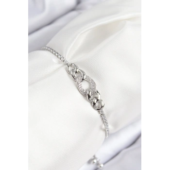 Pirinç Zirkon Taşlı Zincir Model Gümüş Renk Asansörlü Kadın Bileklik