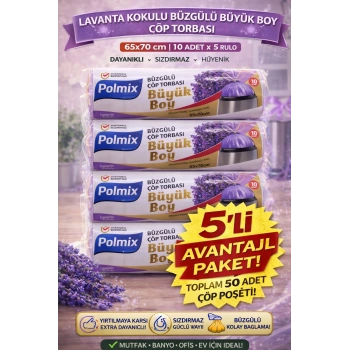 Polmix Lavanta Kokulu Büzgülü Çöp Torbası Büyük Boy 65x70 cm 10lu 5 Paket Dayanıklı Sızdırmaz Çöp Poşeti