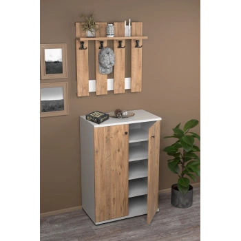 Portmanto Vestiyer 5 Raflı Ayakkabılık Ve Çit Duvar Askılık Set Çam-Beyaz