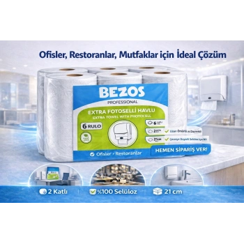 Professional Fotoselli Havlu 6 Rulo – 2 Katlı %100 Selüloz 21 cm Endüstriyel Kağıt Havlu