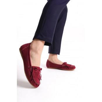 PS-100 Bordo Süet Püsküllü Günlük Kadın Babet