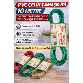 PVC Çelik Çamaşır İpi 10 Metre Dayanıklı Paslanmaz Çelik Özlü Çamaşır Askı İpi 1 Adet