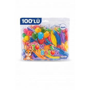 Renkli Atom Balon Punch Balon Lastik İpli Parti Balonu 100 ADET