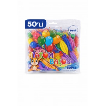 Renkli Atom Balon Punch Balon Lastik İpli Parti Balonu 50 ADET