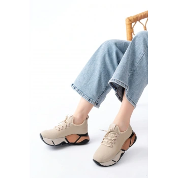 RS-400  Bej Bağcıklı Fileli Renkli Taban Günlük Kadın Spor