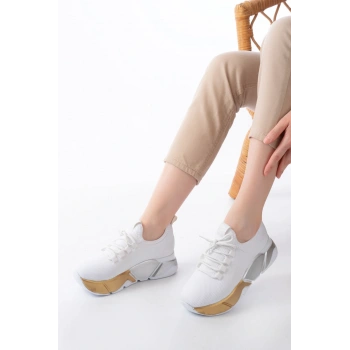 RS-400  Beyaz Bağcıklı Fileli Renkli Taban Günlük Kadın Spor