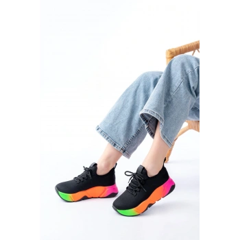 RS-400  Siyah Bağcıklı Fileli Renkli Taban Günlük Kadın Spor