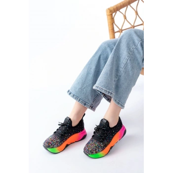 RS-403  Siyah Bağcıklı Fileli Multi Taşlı Renkli Taban Günlük Kadın Spor