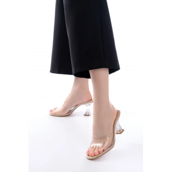 S-619 Bej Rugan Şeffaf Bantlı Şeffaf Topuklu Yuvarlak Burunlu Kadın Terlik