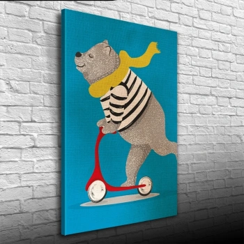 Scooter Süren Sevimli Ayı Kanvas Tablo 50 x 70