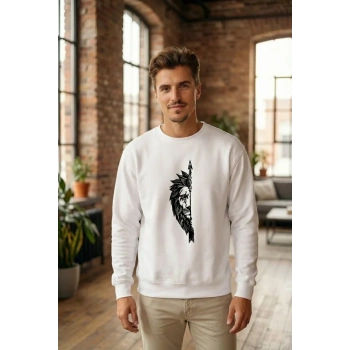 Sevgililer Günü Özel Bisiklet Yaka Aslan Baskılı Oversize Sweatshirt - Beyaz