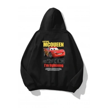 Sevgililer Günü Özel Kapüşonlu Araba Baskılı Oversize Sweatshirt - Siyah