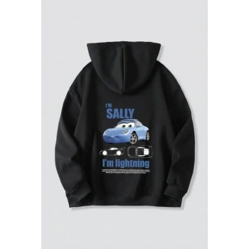 Sevgililer Günü Özel Kapüşonlu Araba Baskılı Oversize Sweatshirt - Siyah