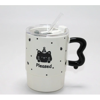 Sevimli Ayı Figürlü Pipetli Kapaklı Porselen Kupa Bardak