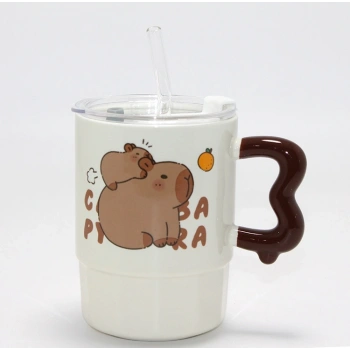 Sevimli Capybara Figürlü Kapaklı Porselen Kupa Bardak