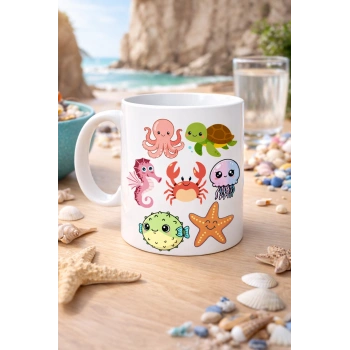 Sevimli Deniz Canlıları Desenli Porselen Kupa MODEL 118 – Ahtapot, Kaplumbağa, Yengeç ve Deniz Yıldızlı Kahve Kupası