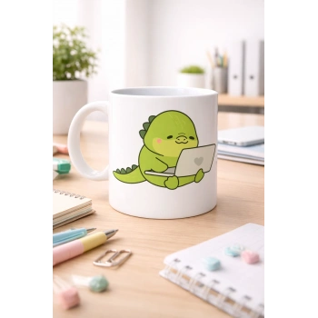 Sevimli Dinozor Tasarımlı Porselen Kupa MODEL 117 – Laptoplu Tatlı Dino Figürlü Ofis & Ev Kahve Kupası