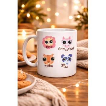 Sevimli Hayvan Figürlü Porselen Kupa MODEL 70 – “Roar • Glow All Night • Make • Yee Haw” Tasarımlı Özel Baskı Kupa