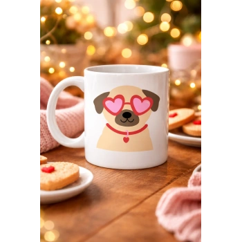 Sevimli Kalpli Gözlüklü Köpek Desenli Porselen Kupa Model 46 – Aşk Dolu Tasarım Hediyelik Kahve Kupası