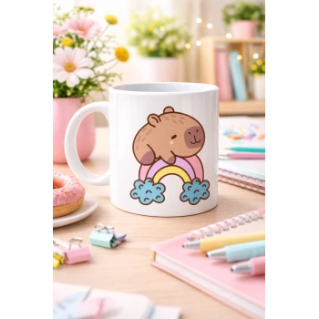 Sevimli Kapibara Gökkuşağı Tasarımlı Porselen Kupa MODEL 119 – Tatlı Hayvan Figürlü Kahve & Çay Kupası