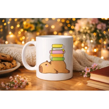 Sevimli Kapibara Kitaplı Kupa MODEL 101 – Kahve & Çay Kupası Kitap Severlere Özel Tatlı Tasarım Porselen Kupa