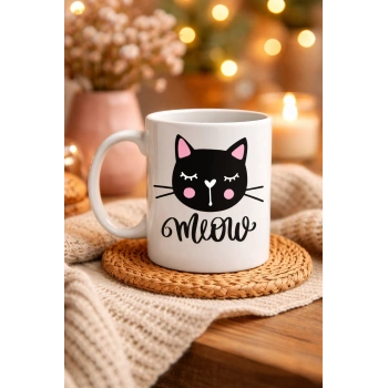 Sevimli Kedi Desenli Porselen Kupa MODEL 63 – “Meow” Yazılı Kahve & Çay Keyfi İçin Tatlı Tasarım