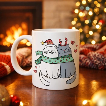 Sevimli Kedi Figürlü Yılbaşı Temalı Porselen Kupa MODEL 75 – Aşık Kediler Desenli, Sıcacık Tasarım, Kahve & Çay Kupası