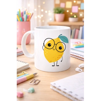 Sevimli Limon Tasarımlı Porselen Kupa MODEL 121 – Gözlüklü Tatlı Limon Figürlü Kahve & Çay Kupası