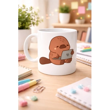 Sevimli Ornitorenk Tasarımlı Porselen Kupa MODEL 116 – Laptoplu Tatlı Hayvan Figürlü Kahve Kupası , Ofis & Ev Kullanımı