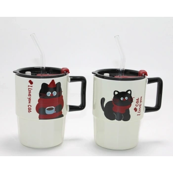 Sevimli Şaşkın Kedi Figürlü Pipetli Kapaklı Porselen Kupa Bardak