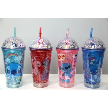 Sevimli Stitch Pipetli Işıklı Pullu Suluk Bardak 400 ml