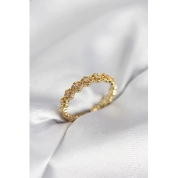 Sıralı Çiçek Model Gold Renk Zirkon Taşlı Kadın Yüzük