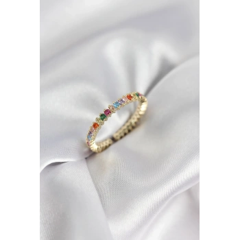 Sıralı Karışık Renkli Gold Renk Zirkon Taşlı Kadın Yüzük