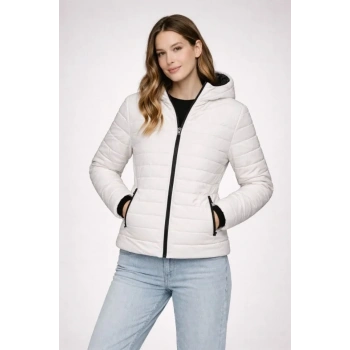 Şişme Kapüşonlu Fermuarlı Mont Su Itici Kapitone Astarlı Kumaş Cepli Kışlık Rahat Kalıp - Krem