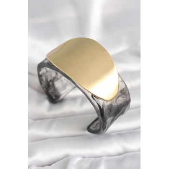 Siyah Mermer Desen Akrilik Plastik Gold Oval Plaka Model Vintage Kadın Bilezik