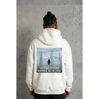 Siyah Oversize Hoodie - Sırt Baskılı Survivor Penguin Temalı, Felsefi Yazılı Kapüşonlu Sweatshirt - Beyaz