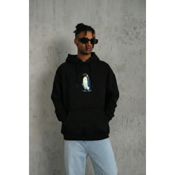 Siyah Oversize Hoodie - Sırt Baskılı Survivor Penguin Temalı, Felsefi Yazılı Kapüşonlu Sweatshirt - Siyah