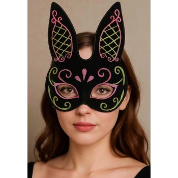 Siyah Renk Pembe Gold Simli Siyah Süet Kaplama Tavşan Maskesi 18x16 cm