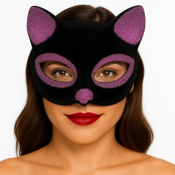 Siyah Renk Pembe Simli Süet Kaplama Kedi Maskesi 18x14 cm