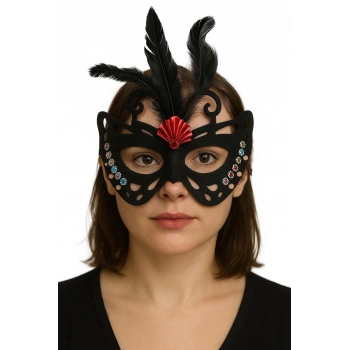 Siyah Renk Siyah Süet Kaplama Tüylü Kelebek Figür Parti Maskesi 24x18 cm