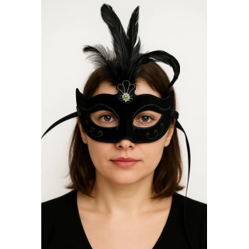 Siyah Renk Tüylü Siyah Süet Kaplama Parti Balo Maskesi 20X16 cm